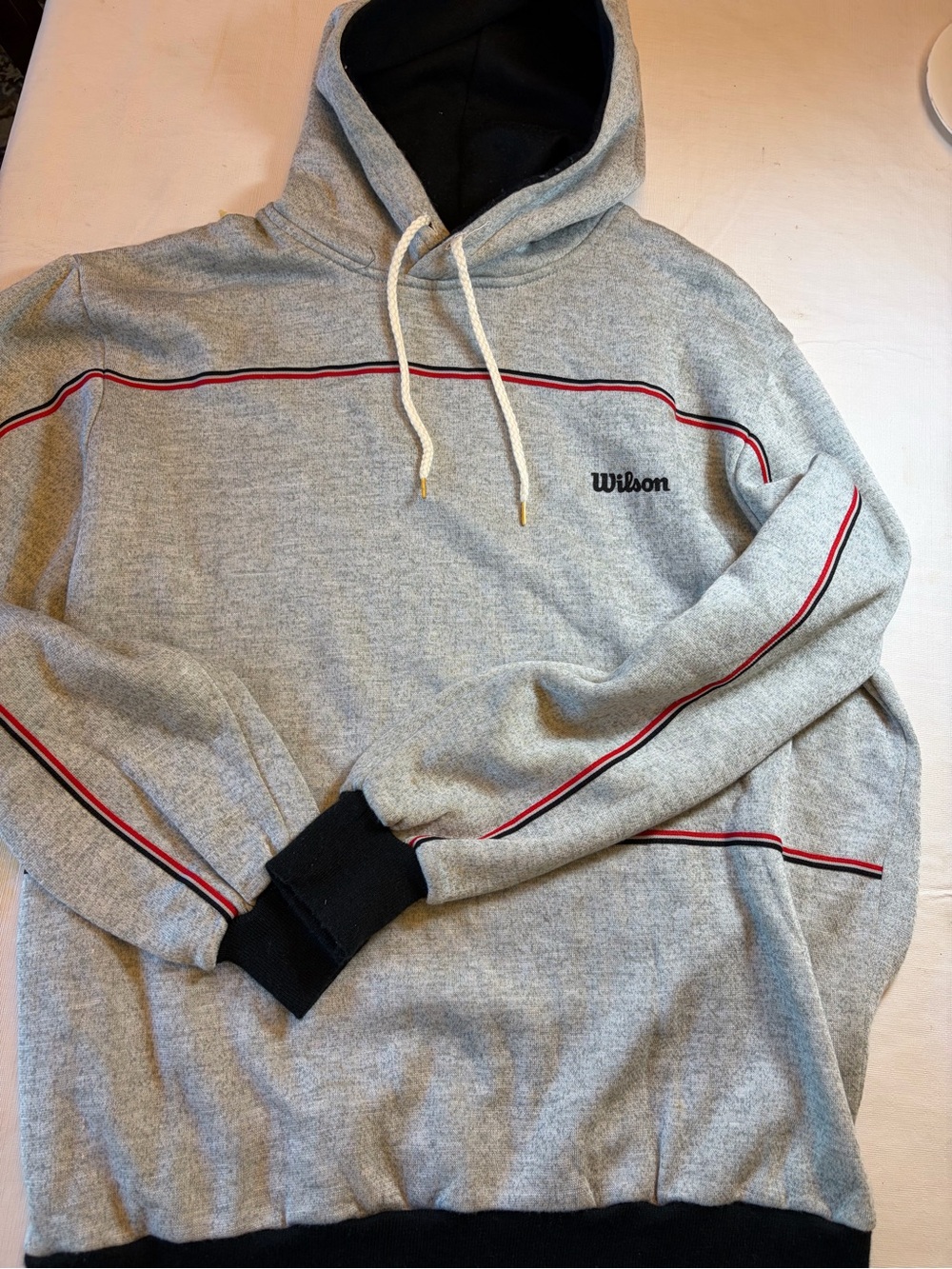 Vintage 80s XL Wilson Gray Hooded Sweatshirt with Red Stripe